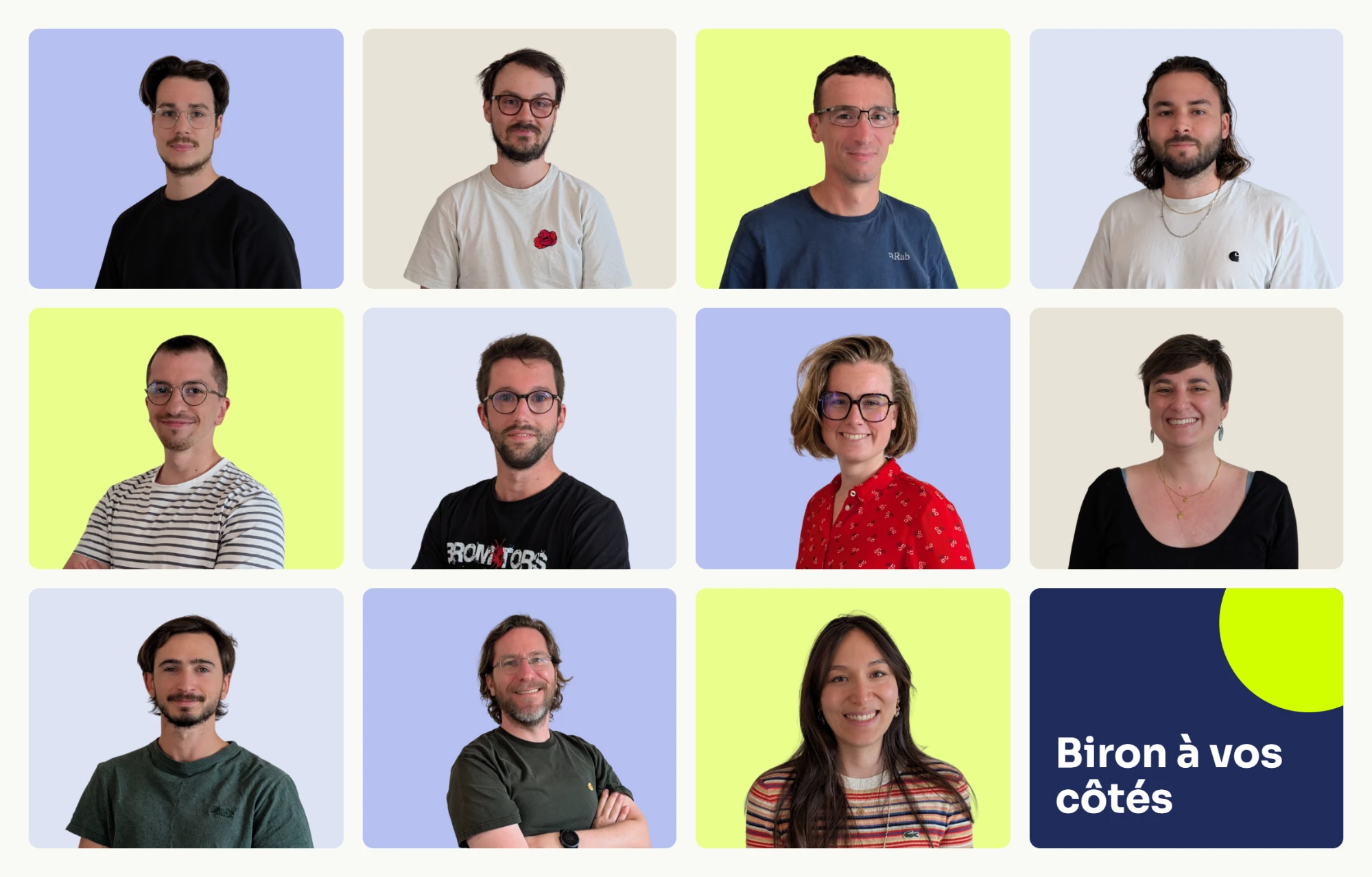 A grid of portraits of the twelve members of the Biron team, each on a different coloured background, completed by a navy tile reading "Biron alongside you"