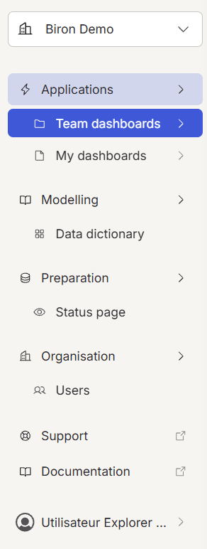 Biron's new navigation: four spaces, plus support, documentation and account.