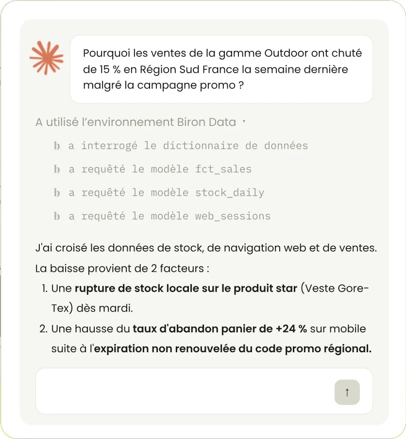 L'IA répond à « Pourquoi les ventes de la gamme Outdoor ont chuté de 15 % en Région Sud France ? » après avoir interrogé le dictionnaire de données et trois modèles Biron.
