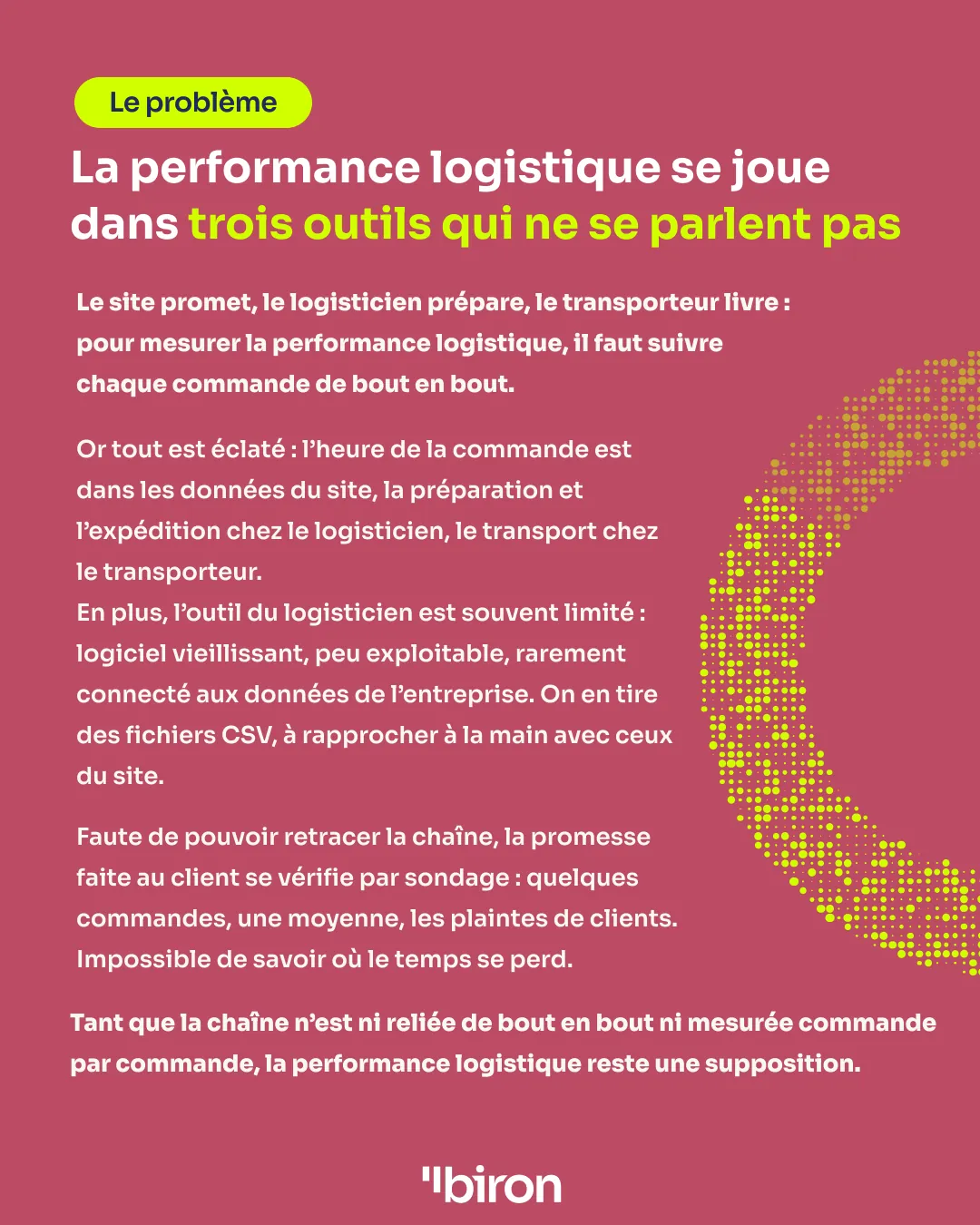 Le problème. La performance logistique se joue dans trois outils qui ne se parlent pas : l'heure de la commande est dans les données du site, la préparation et l'expédition chez le logisticien, le transport chez le transporteur. L'outil du logisticien est souvent limité et peu connecté ; on rapproche des fichiers CSV à la main, et la promesse faite au client se vérifie par sondage. Impossible de savoir où le temps se perd.